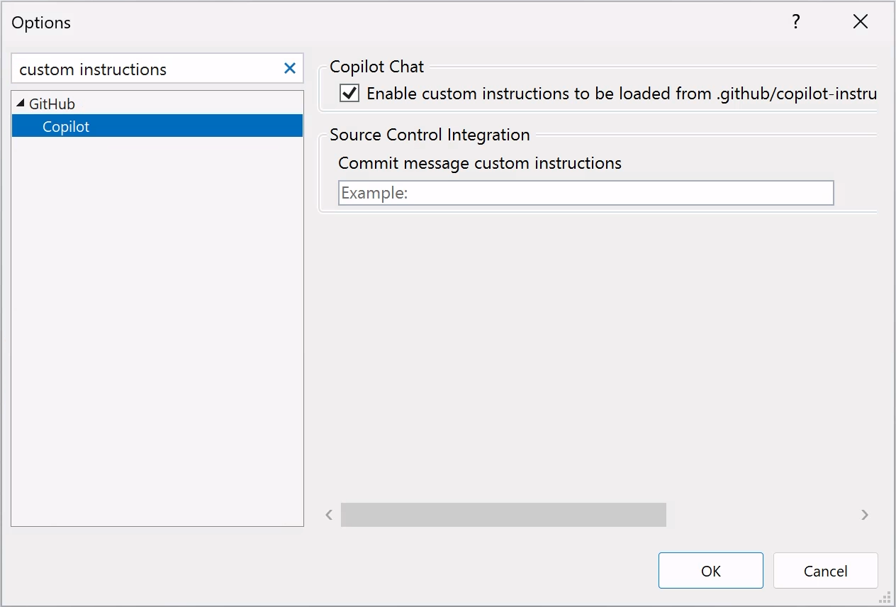 "Enable custom instructions" 옵션 확인란이 선택되어 있는 것을 보여 주는 Visual Studio 옵션 대화 상자의 스크린샷