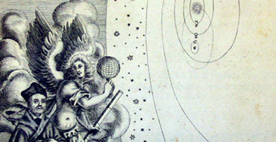 A closeup of an illustration from a book depicting scientist Athanasius Kircher and a diagram of the solar system.