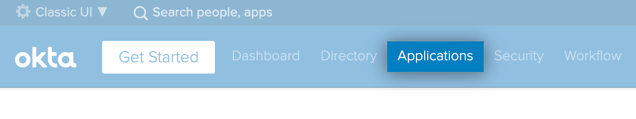 "Applications" item in the Okta Dashboard navigation bar