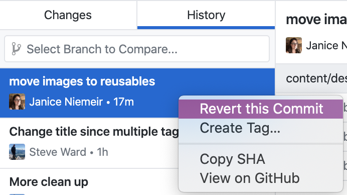 Opção Revert (Reverter) acima da exibição diff