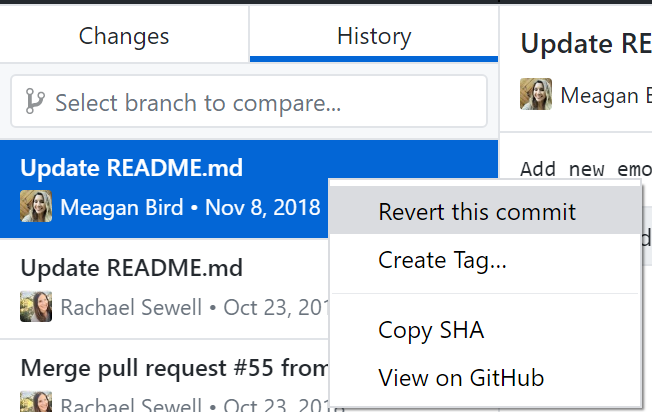Opção Revert (Reverter) acima da exibição diff