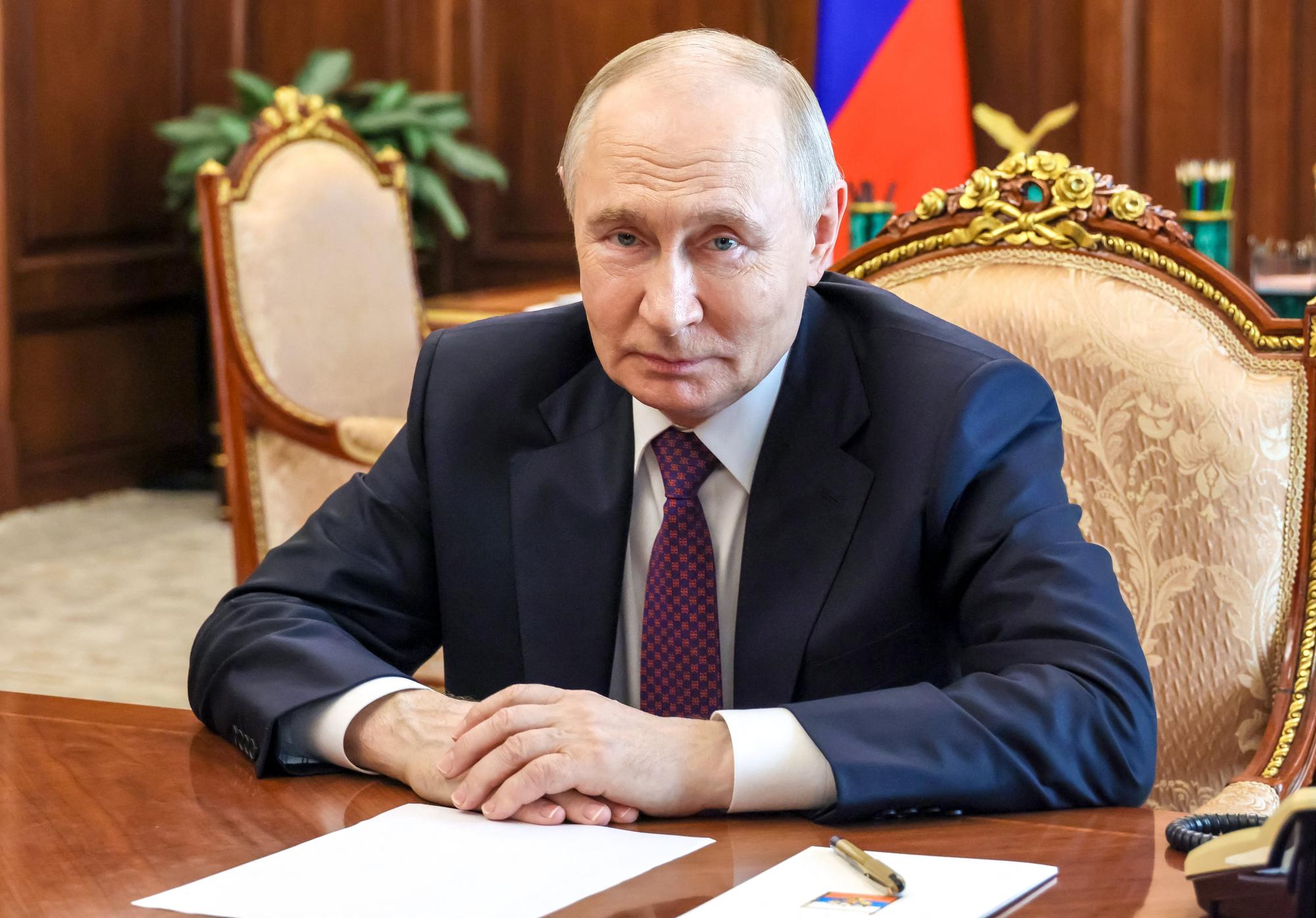 Russia's President Vladimir Putin attends a meeting with acting governor of the Bryansk region in Moscow on May 13. (Photo by Mikhail METZEL / POOL / AFP via Getty Images)